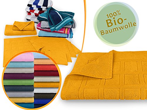 hochwertige Bio-Handtuchserie - erhältlich in 19 trendigen Unifarben oder 7 Streifen - in 7 verschiedenen Größen, 2er-Pack Badvorleger 50 x 80 cm, mangogelb