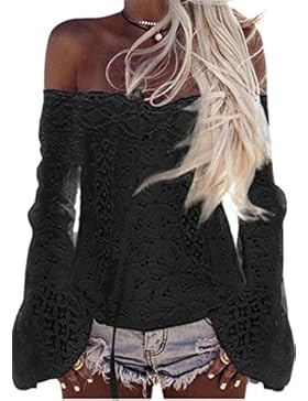 ECOWISH Damen Lose Trägerlos Bluse Sommer Hemd Shirt Spitzen Oberteil Tops
