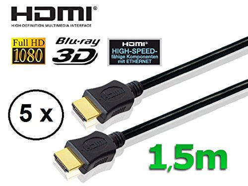 Comag Z1040 HDMI-Kabel High Speed mit Ethernet (5er Pack, vergoldete Stecker, Full HD 1080p, 3D, 1,5m) schwarz