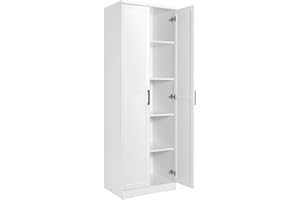 TANGZON Tall Kitchen Cupboard, 5-Tier Storage Cabinet with 2 Adjustable Shelves, Doors & Anti-tipping Device, Freestanding Wooden Tall Sideboard Unit for Pantry Dining Living Room (White)
