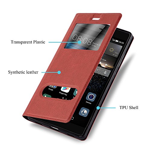 Huawei P8 Funda Estilo Libro de Cuero Sint  tico en ROJO AZRAF  N de Cadorabo  Dise  o VIEW      Cubierta Protectora con Cierre Magn  tico  Funci  n de Suporte y Doble Ventana     Protecci  n Carcasa Caja Etui Case Cover