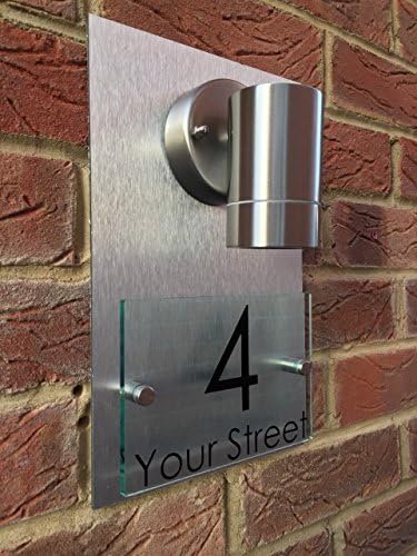 MODERN HOUSE SIGN PLAQUE DOOR NUMBER STREET GLASS ALUMINIUM EFFECT LIGHT