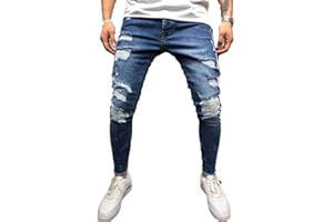 Osheoiso - Jeans skinny elasticizzato da uomo, effetto strappato, alla moda, colore nero, vestibilità aderente, stile hip hop, con chiusura lampo, jeans per feste, tempo libero