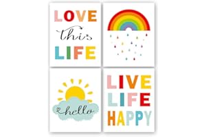 KAIRNE Set di 4 Quadri per Camera Bambini,Sole e Arcobaleno Posters,Stampe Parete Decorazione Cameretta Neonato,Poster Motivazionale Tela per Camera da Letto Delle Ragazze Aula,Senza Cornice,20x 25CM