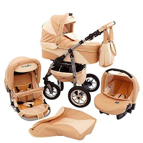 Ferriley & Fitz Daytona Eco leather Pram & Pushchair Travel System (car seat & adapter, raincover, mosquito net, cup holder, swivel wheels) 80 Beige Cream Leather