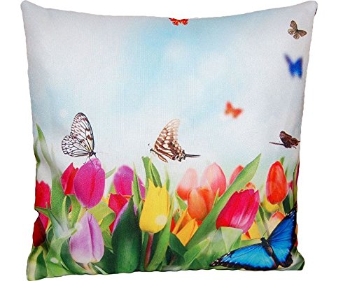 hübsche KISSENHÜLLE 40×40 cm Motiv BEIDSEITIG Tulpenwiese mit Schmetterlingen Dekokissen Frühling Sommer Polyester pflegeleicht Fotoprint Kissen eckig (Tulpenwiese Schmetterlinge) - 2