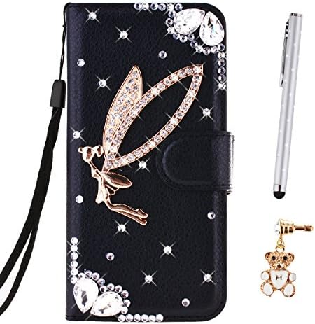 LazyBear 3 in 1 Samsung Galaxy S5 Phone Case Bling Glitter 3D Diamond Elegant PU Wallet Stand Function Leather Case (Black angel) Smartphone Slim Bookstyle with Magnetic Closure Card Slot Holder and Lanyard Strap Carrying Protective Case for Samsung Galaxy S5 x 1 & Anti Dust Plug x 1 & Stylus Pen x 1
