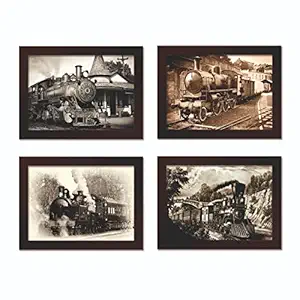 Paper Plane Design Vintage Trains Framed Painting Poster Set of 4.