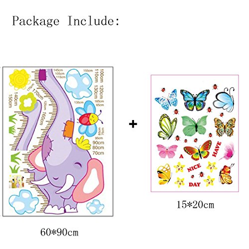 Elephant & Bee Height Chart Wall Decal — Removable Nursery Wall Sticker With Butterfly Decor, 60x90cm + 30x45cm