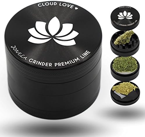 Premium PatchouliWorld Grinder Cloud Love, Elegant Matte Black design| 4 Pieces XL Made of High Quality Aluminium Material – for Hemp Weed Tobacco Spice Trockenkraeuter Herb