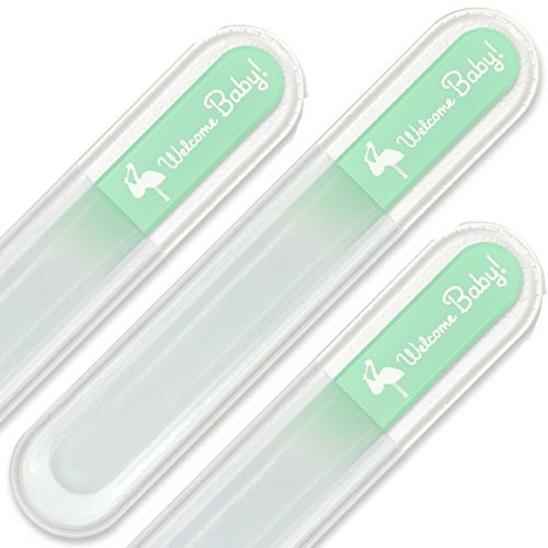 Ein Baby-Nagelfeile mit abgerundeten Ende. Premium Qualität, echtes tschechisches Kristallglas. Der sicherste Weg, um die Nägel eines Neugeborenen kurz und glatt zu halten. Ein ideales Geschenk für neue Eltern. Vervollkommnen Sie für eine Babyparty. Grün „Welcome Baby!“ Entwurf. Präsentiert in einer Schutzhülle und freie Organza Geschenk Tasche. - 7