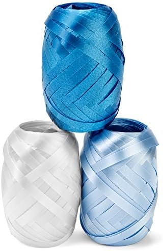 Curling Ribbon Three Assorted Colours: 3/16 Inch x 22 Yard - 60 Total Meters - Extra Long Powder Blue, Baby Blue, White Ribbon Egg 3 Pack in Storage Organiser for Decorative Gift Wrapping & Balloons