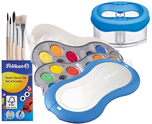 Pelikan Deckfarbkasten Space+ 735 SP/24 mit 24 Farben und 1 Tube Deckweiß (Starter-Set blau mit Space-Wasserbecher + Pinsel-Set)