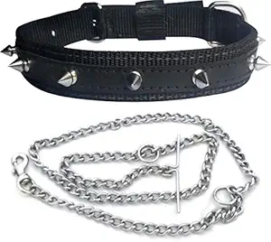 Adios Nylon Dog Belt Combo of Black Dog Spike Collar with Dog Chain 1.5m Lengthy Dog Collar & Chain for Your Pet Dogs.