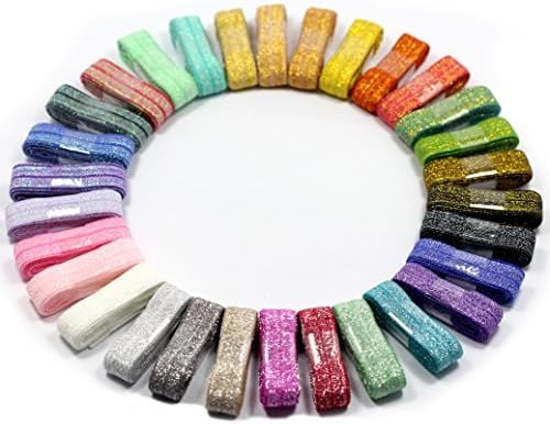 mdribbon Value Pack 5/8" 16mm Wide Stretch Glitter Metallic Fold Over Elastic-30 Colors X 1 Yard Each Total 30 Yds Per Package-For Hair Tie Headband Making Pack 1