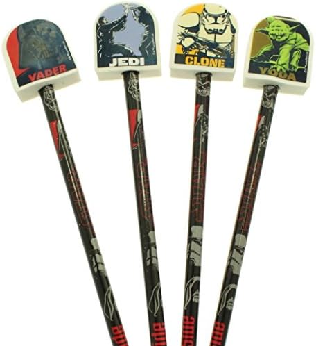 Set Of 4 Star Wars Themed Pencils With Eraser Toppers Plus 2 Sharpeners