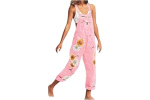 Onsoyours Women's Casual Loose Dungarees Denim Vintage Printed Baggy Jumpsuit Wide Leg Long Playsuit Bib and Brace Retro Sleeveless Jeans Overalls Trousers Pants Plus Size