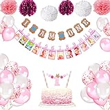 Banner de foto de primer cumpleaños del bebé: cada cartulina mide 17 x 13 cm. Contiene una cuerda con una longitud de unos 230 cm. hay una pequeña marca de quemado en la parte posterior de la tarjeta, lo cual es normal, fácil de usar: simplemente pegue la foto en cada marco de fotos y luego cuelgue el banner de la foto en la pared.