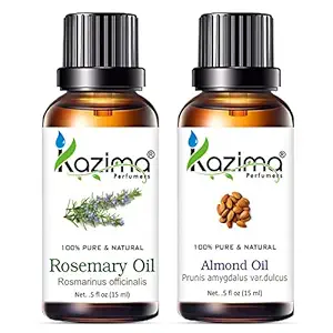 KAZIMA Combo of Rosemary Oil and Almond Oil - 100% Pure & Undiluted Oil for Hair Growth, Acne, Scars & Aromatherapy, 15 ml each