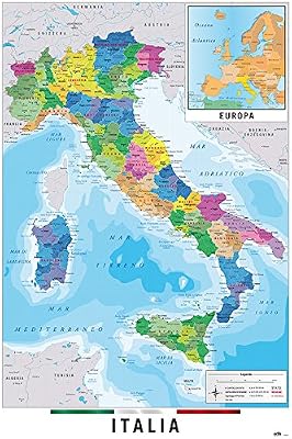 Erik® - Carte Italie Physique et Politique - Italien - Papier Glacé - 91x61cm