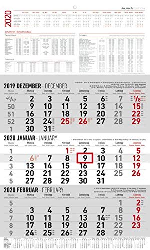3-Monatskalender groß 2020 - Wandplaner - Bürokalender (30 x 49 geöffnet) - mit Datumsschieber - inkl. Jahresübersicht