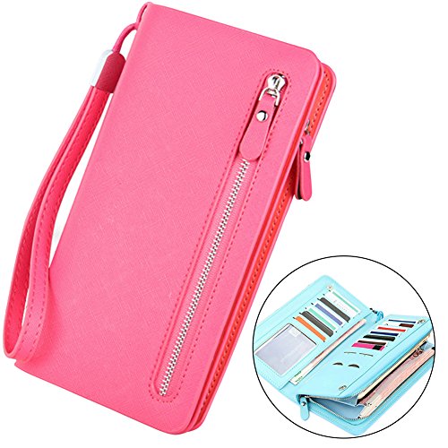 Cartera Cremallera Monederos Hombre Billetera Cremallera Bloqueo Hombre de Cuero para Tarjeta de Crédito Mujer Carteras de Cuero Genuino Gran Capacidad -Rosa roja