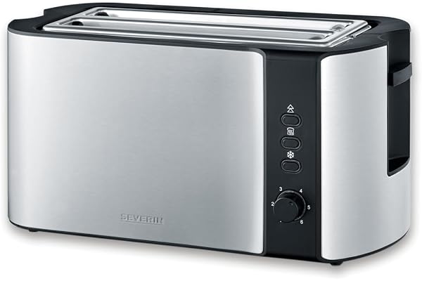 SEVERIN Grille-pain automatique 1400 W, Toaster compact 2 fentes jusqu'à 4 tranches, Grille-pain électrique avec réglage du degré de brunissage & fonction décongélation, Inox/Noir, AT 2590