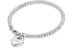 JewelryWe Schmuck Personalisiert Gravur Charme Damen Kugel Perlen Armband, Handgelenk Kugel Perlenkette mit Solid Herz Anhänger Herzkette, Edelstahl Armreif, Rosegold Silber