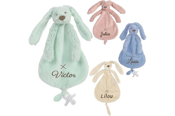 Vanevitch Doudou Attache Sucette personnalisé avec Le prénom de bébé, Lapin en Velours Doux, pour Un Cadeau de Naissance baptême, 20cm, Fille garçon, dés la Naissance