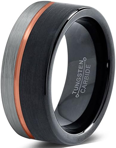 Tungsten Wedding Band Ring 8mm for Men Women Black Rose Gold Plated OffSet Line Flat Cut Brushed Polished Size W 1/2
