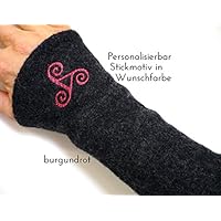 Armstulpen gefüttert, Walkwolle, individualisierbar, celtic-anthrazit, Stickerei in Wunschfarbe