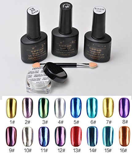 CRYSTALUM® Nail Art Mirror Dust Chrome Effect Powder Pigment Kit Base and Top Coat + Black UV Gel 16 Pigment Colors To Choose (11)