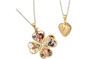 FINGERINSPIRE Collier Médaillon Coeur D'Amour Personnalisé Doré Pouvant Contenir 4 Photo Pendentif Coeur Pendentif Médaillon Photo Commémoratif Trèfle à Quatre Feuilles Vintage Breloques Photo DIY
