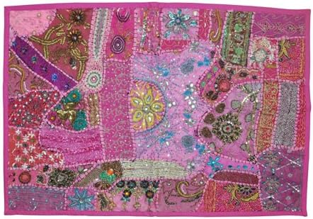 Indian Decorative Wall Hanging Tapestry With Graceful Sequins Beads Mirrors, Zari Silk Thread Embroidery & Multicolour Old Sari Patch Work, 60 X 90 Cm