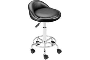 FENIXSHOP24 Sgabello Estetista per pedicure/manicure con Ruote - Regolabile in Altezza - Girevole - con Schienale e Poggiapiedi - Nero-COD 001