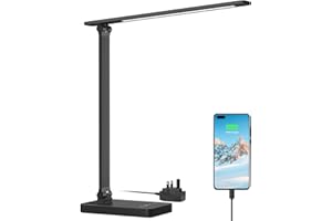 Lepro LED Desk Lamp, Desk Lamp with Power Adapter, 655lm, Desk Lamps Office with USB Charging Port, 5 Brightness Levels x 3 Colour Mode, Touch Control Daylight Lamp for Office, Nails, Study, Bedroom