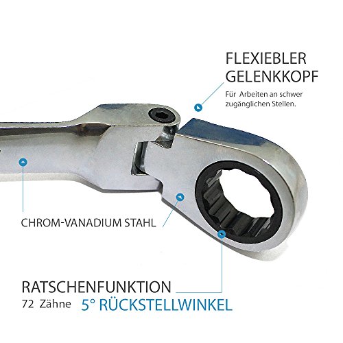 BITUXX® 12 Teiliges Gelenk Ring-Maulschlüssel Ratschenschlüssel Ringschlüssel Gabelschlüssel Ratschen Knarren Gelenkschlüssel Schlüssel Werkzeug Set 72 Zähne / 5 Grad Rückstellwinkel / Größen 6 mm bis 19 mm - 2
