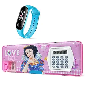 IZU Multipurpose Magnetic Pencil Box with Calculator, Dual Sharpener for Girls & Boys +Digital Watch (Barbie)
