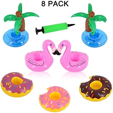 Inflatable Drink Float Holders Set - Donuts, Flamingo and Palm Tree With One Air Pump For Water Party (8 Pieces)