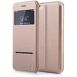 Nouske Funda Inteligente con Ventana y Barra de Botones iPhone 6 Plus y 6S Plus de 5.5 Pulgadas de Apple, Dorada