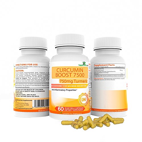 Curcumina Boost 7500 Suplemento con Bioperine - 60 Cápsulas Enorme Dosis de 712,5mg de Curcuminoides activos por cápsula - 95% de Curcuminoides.