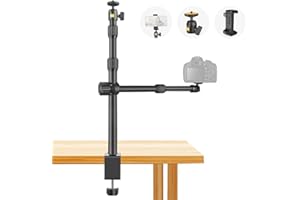 JEBUTU OS03 Kamera Tischstativ Overhead Stativ, 37.5-83cm verstellbar Kamera Tischhalterung mit Flexible Arm & 2 stücke 1/4" Kugelkopf für DSLR Kamera, Ringlicht, Live Streaming, Max. Belastung 3KG