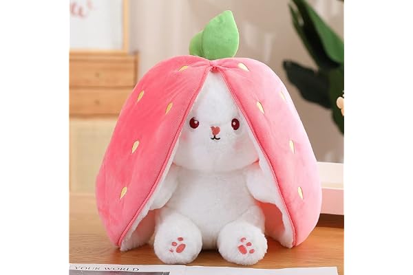 KOWAKA Strawberry Bunny Transformed Into Little Rabbit Fruit Doll Plush Toy Carrot Rabbit Plush Doll Girl Kids Birthday Present (35cm, Strawberry Rabbit)