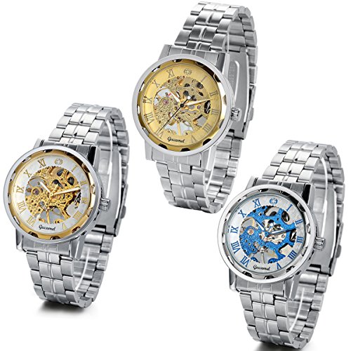 JewelryWe Herren Armbanduhr, Analog Handaufzug, Fashion Business Transparent Steampunk Handaufzug mechanische Uhr mit Edelstahl Armband, Gold Blau Römische Ziffern Zifferblatt