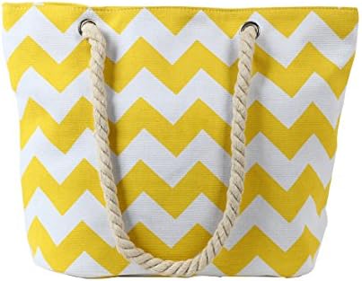 PLEASANT PALCE Ladies Canvas Beach Bag Causal Shopping Bag Shopper Tote Shoulder Bag for Holiday and Travel with Cotton Rope Handle (Yellow Zig Zag-45cmx36cmx14cm)