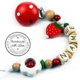 PREMIUM Schnullerkette mit Namen HOLZ Modell Erdbeerfeld