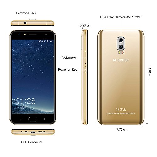 M-HORSE Power 2 Smartphone 4G LTE Ohne Vertrag mit 6000 mah akku, 5,5-Zoll-IPS-Bildschirm, Dual RÃ¼ckkamera, Dual SIM, Android 7.0, 2GB RAM + 16 GB ROM, Bluetooth 5.0,GPS, WiFi (Gold)