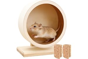 Hamsterhjul i trä 18 cm, tyst hjul, tillbehör för små djur med 2 halkfria dynor, trä för hamstrar, gnagare, hamstrar, gerbiler, chinchillor