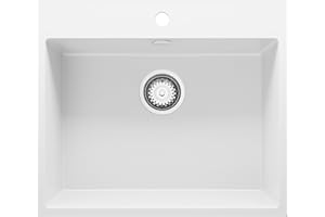 PRIMAGRAN Fregadero Cocina Blanco 58x50cm, Granito 1 Seno + Sifón, Sobre encimera al mueble 60cm - Riga S173
