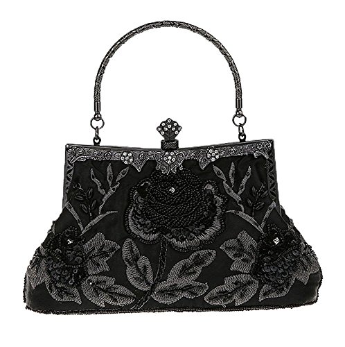 niceEshop(TM) Negro Bolsa Bolso de Rosa Flor Retro Antigua de Embrague de la Noche de Fiesta para Mujer
